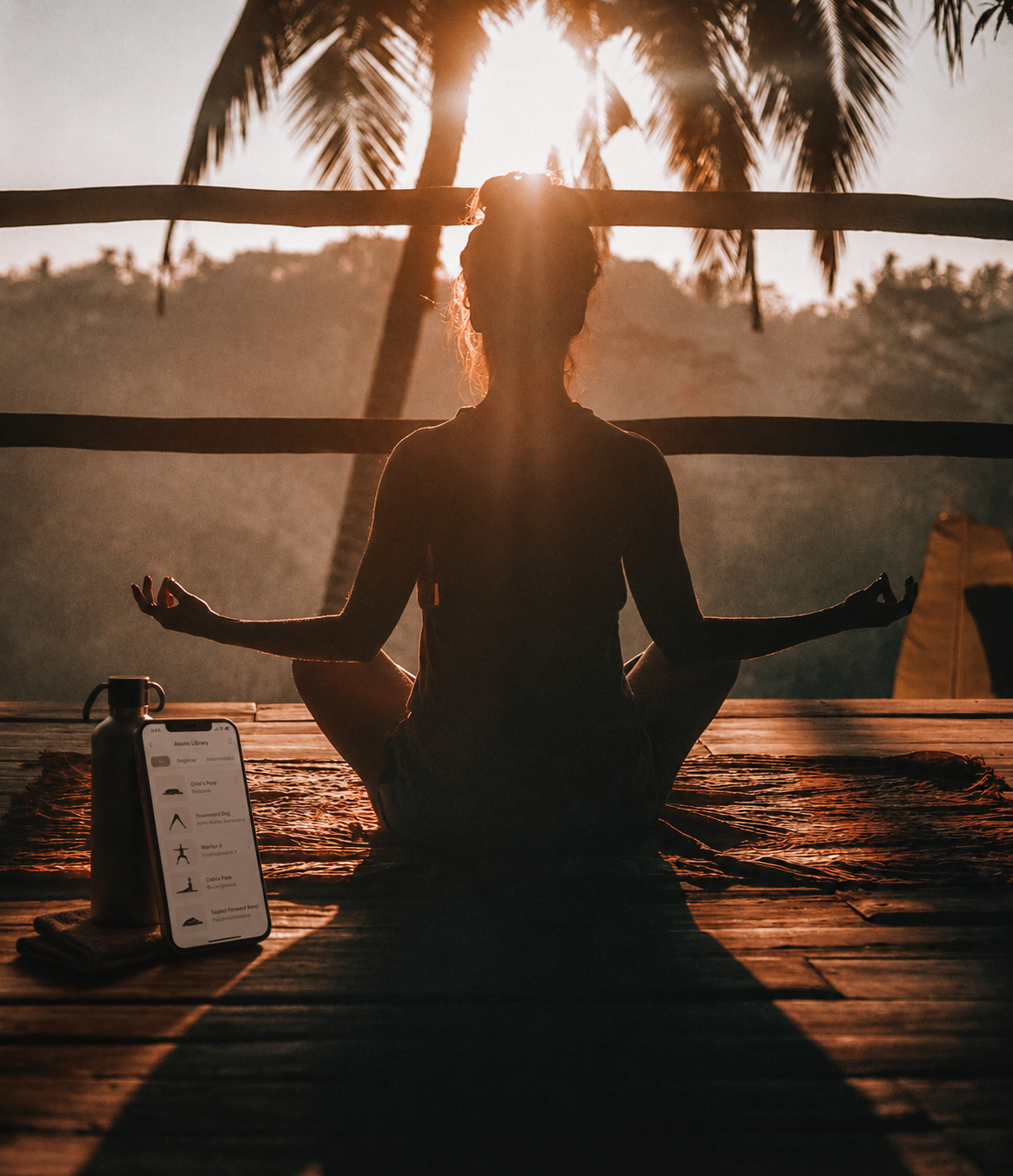 Practitioner in yoga pose at sunrise